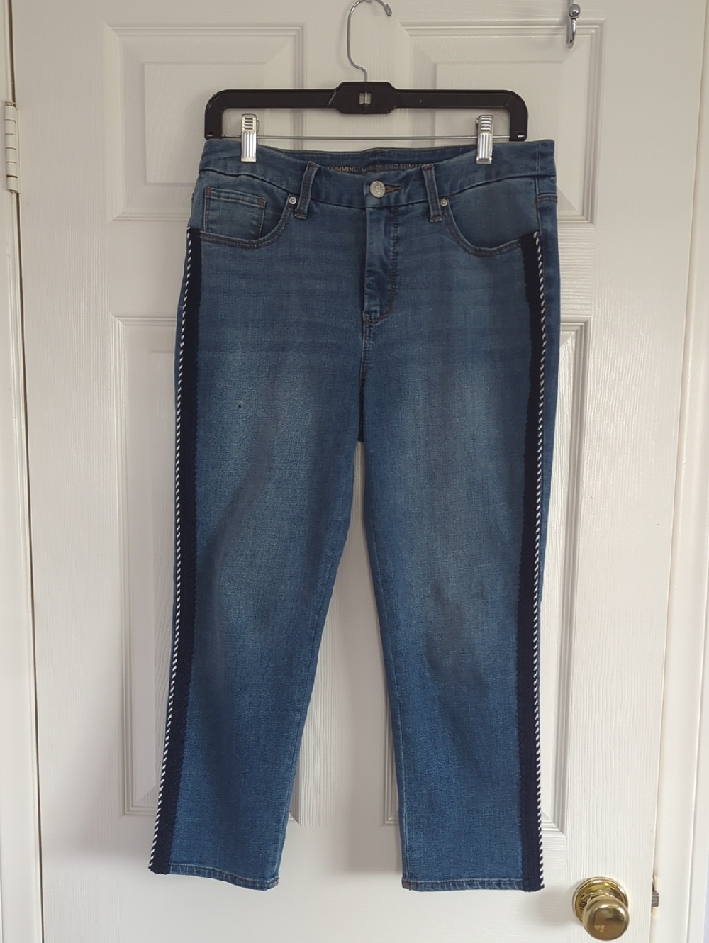 Chico's Denim Slim-Leg Crop Jeans with Navy Lace Side Detail Size 6